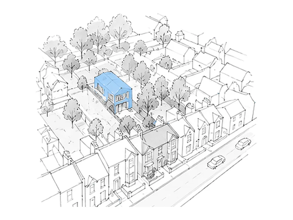 A street of terraced houses seen from above; behind them, on a garden plot, one new home is picked out in blue.
