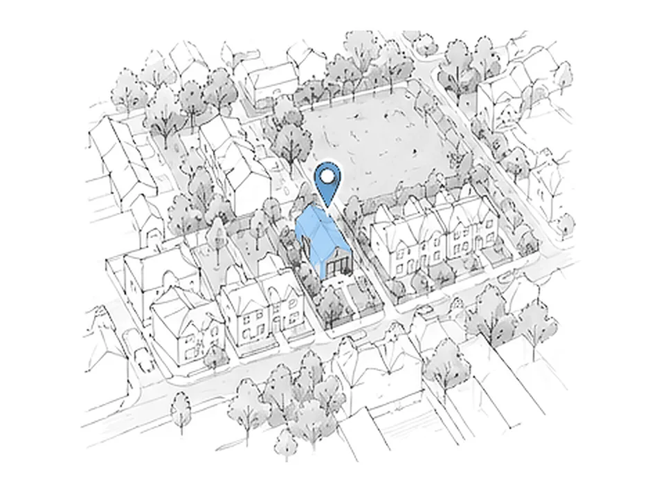 The site pinned within its street and neighbourhood, seen from above.