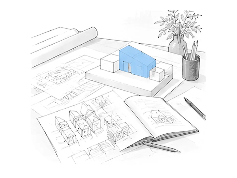 An architect’s desk with a model, drawings and a pen resting on a signed sheet.