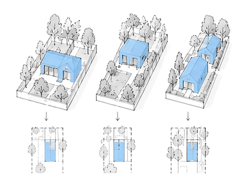 Three finished homes shown beside their plans.